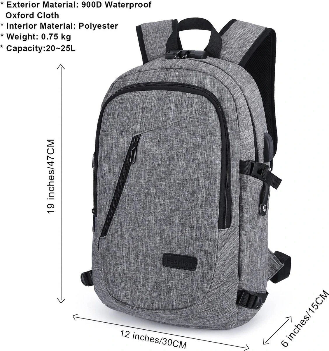 IGOODS - USB Computer Rugtas Met Lader - Waterdicht - Met Sleutelcode - 15,6 Inch - Grijs 4 IGOODS - USB Computer Rugtas Met Lader - Waterdicht - Met Sleutelcode - 15,6 Inch - Grijs - Afbeelding 2