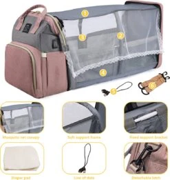 Merkloos Tas Voor Moeders En Vaders Met Uitklapbaar Baby Bedje - Draagbare Box - Rugzak Moeder - Roze - Met Veel Handige Opberg Vakken En USB Oplader - Klamboe - Mummy Bag - Verstelbaar -Reisbagage Winkel 1134x1200 4