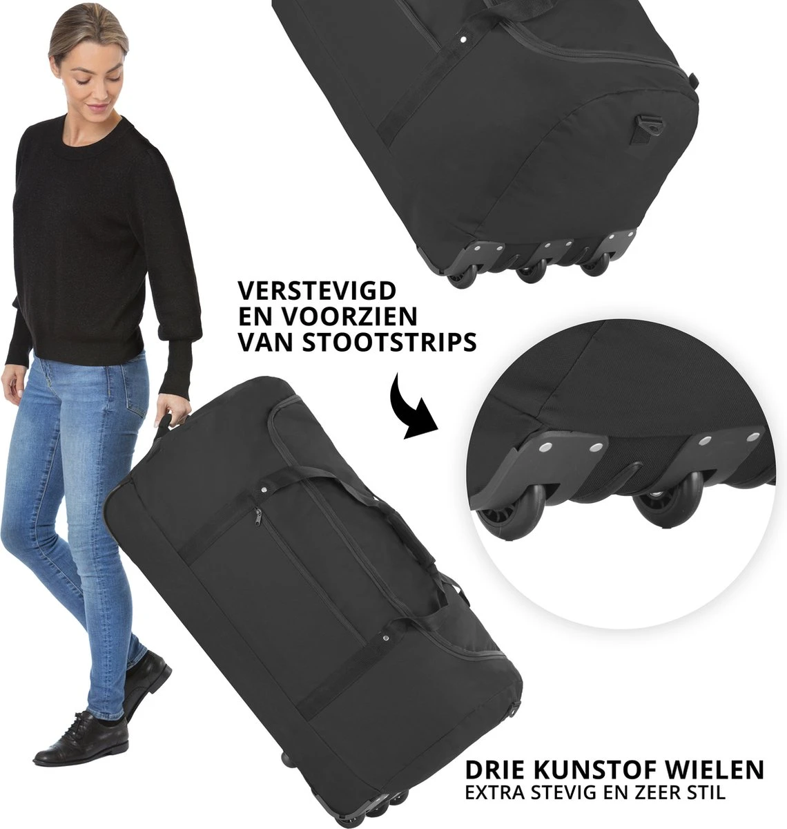 TravelZ Opvouwbare Wieltas | Reistas Op Wielen | 100 Liter | Verbeterd 2022 Model | Zwart 4 TravelZ Opvouwbare Wieltas | Reistas Op Wielen | 100 Liter | Verbeterd 2022 Model | Zwart - Afbeelding 2
