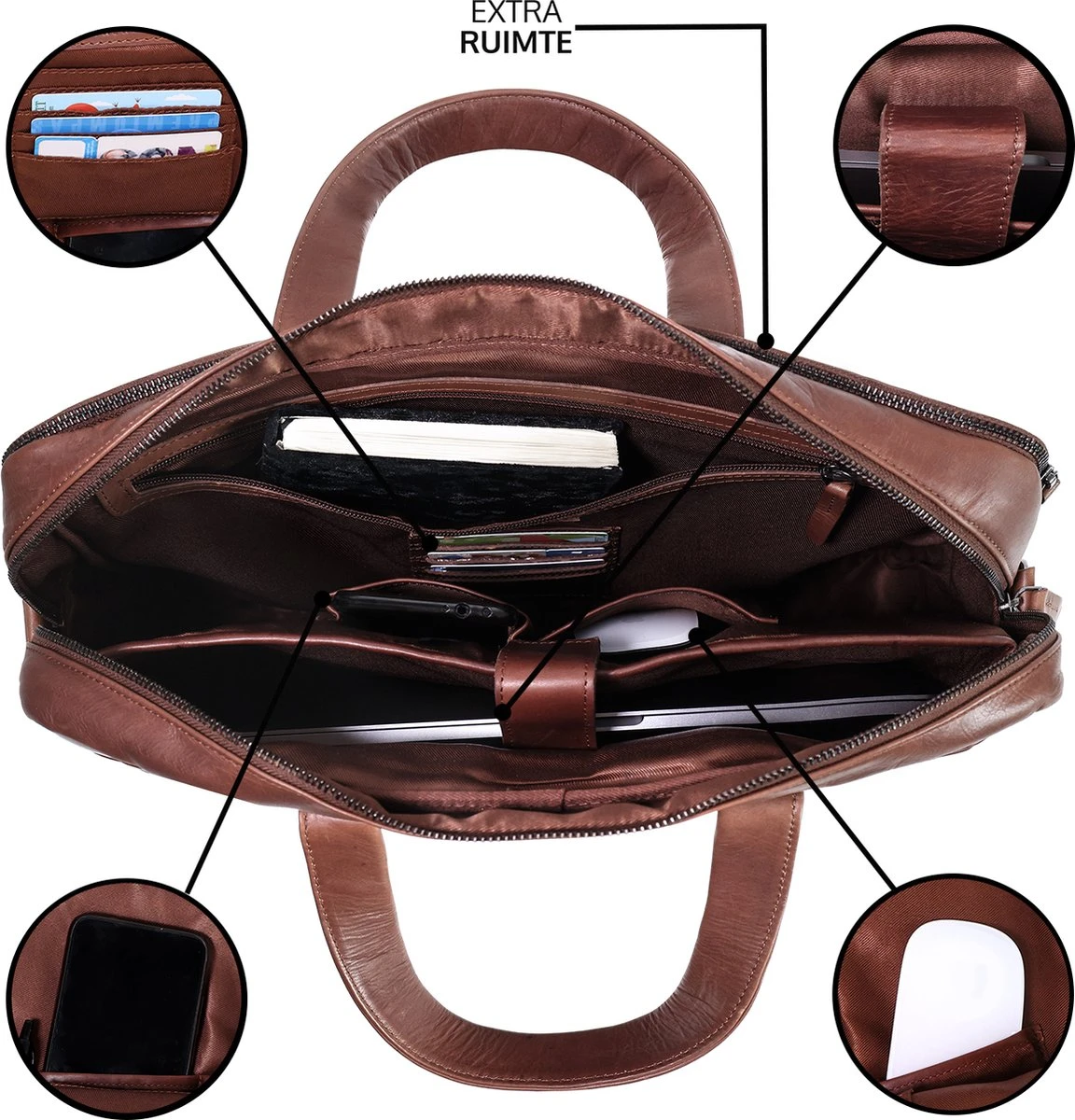 JAP Business Laptoptas - Echt Leer - Waterdicht - Voor Heren En Dames - 15,6 Inch - Cognac 5 JAP Business Laptoptas - Echt Leer - Waterdicht - Voor Heren En Dames - 15,6 Inch - Cognac - Afbeelding 3