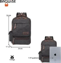 Bagwise® - Rugzak - Canvas - 15 L- Vintage - 13" Inch Laptopvak - Compact Klein -1261 Zwart -Reisbagage Winkel 1152x1200 7