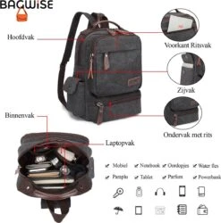 Bagwise® - Rugzak - Canvas - 15 L- Vintage - 13" Inch Laptopvak - Compact Klein -1261 Zwart -Reisbagage Winkel 1185x1200 3