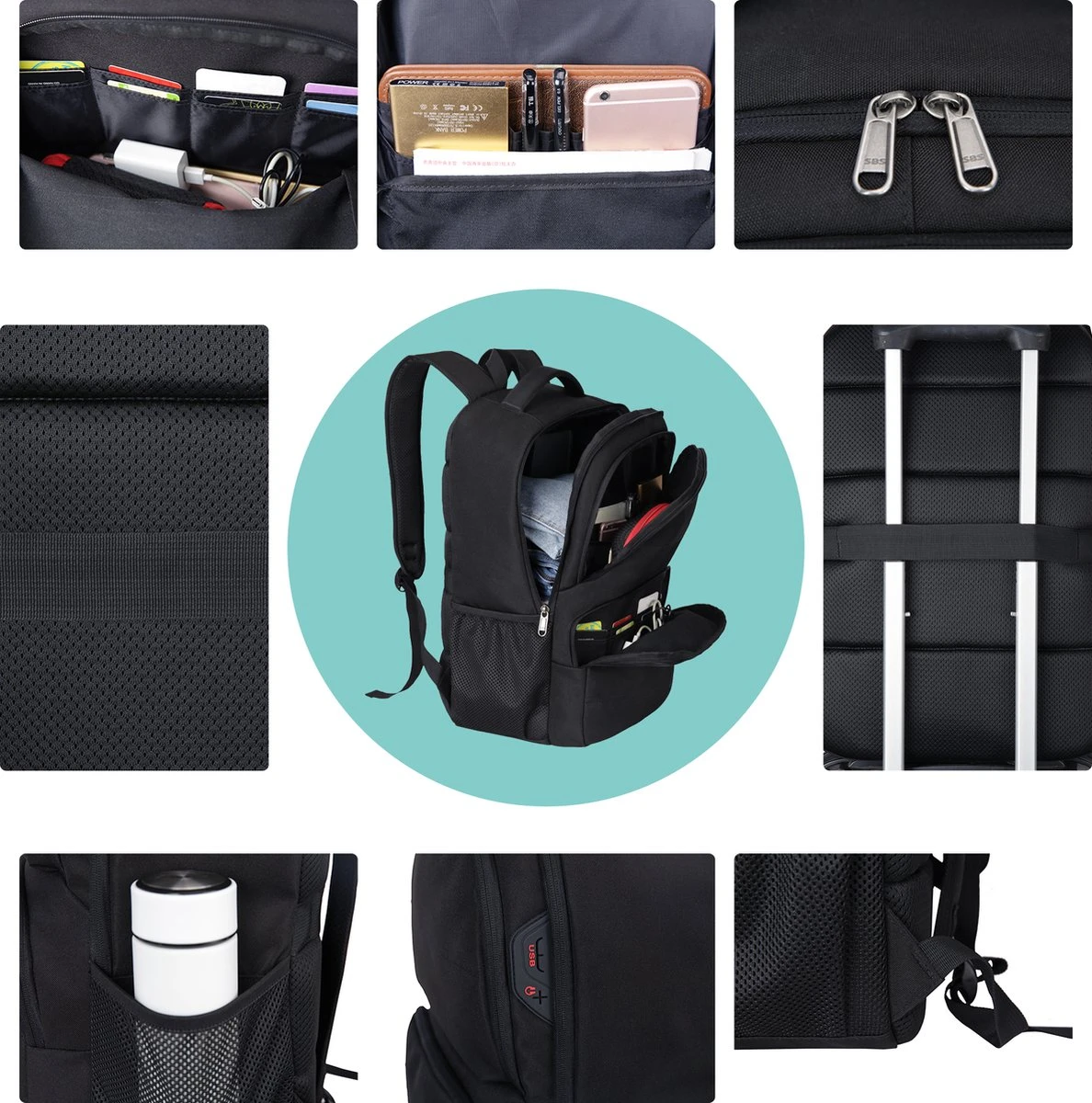 Merkloos Anti Diefstal Waterdichte Rugzak Inclusief Usb Oplaadstation - 14 T/m 15.6 Inch - Zwart 7 Merkloos Anti Diefstal Waterdichte Rugzak Inclusief Usb Oplaadstation - 14 T/m 15.6 Inch - Zwart - Afbeelding 5