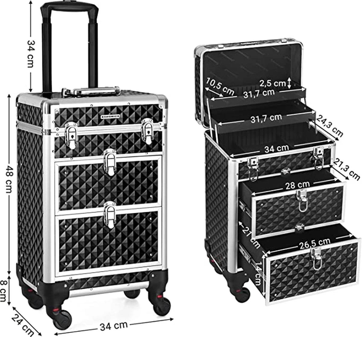 Cosmetic Case Trolley - Professionele Make-up Case - Kapperskoffer Met 4 Uitneembare Wielen 7 Cosmetic Case Trolley - Professionele Make-up Case - Kapperskoffer Met 4 Uitneembare Wielen - Afbeelding 5
