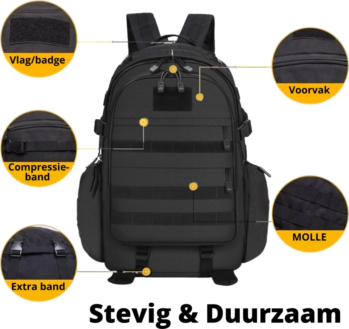 Waterdichte Rugzak Tactical Backpack Met Gratis Paracord - Vierdaagse Wandelrugzak - Schooltas Reistas Handbagage Zwart 9 Waterdichte Rugzak Tactical Backpack Met Gratis Paracord - Vierdaagse Wandelrugzak - Schooltas Reistas Handbagage Zwart - Afbeelding 7