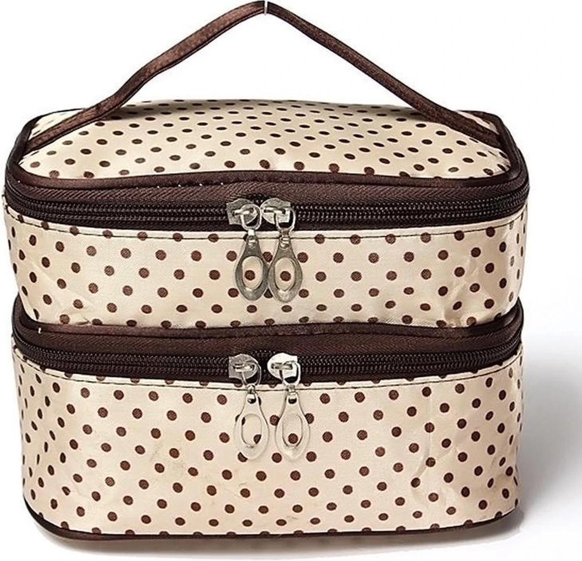 Polka Dot Make Up Tasje Met Spiegel - Opberg Etui / Cosmetica Organizer Reis Tas Case - Beige 3 Polka Dot Make Up Tasje Met Spiegel - Opberg Etui / Cosmetica Organizer Reis Tas Case - Beige