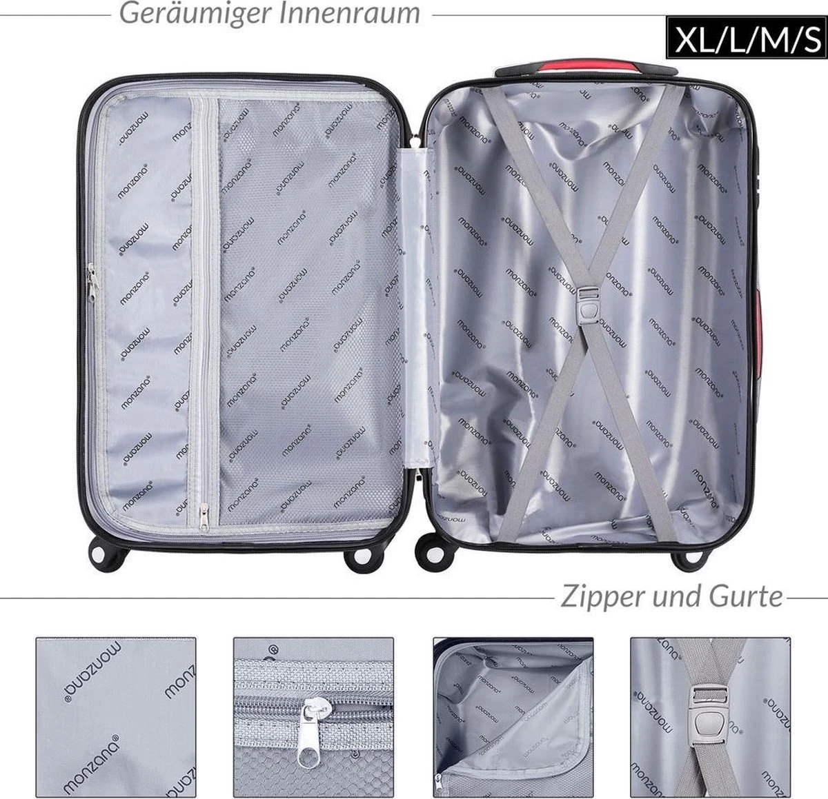 Monzana Kofferset - 4 Stuks S M L XL Met Wielen Cijferslot - Zwart 4 Monzana Kofferset - 4 Stuks S M L XL Met Wielen Cijferslot - Zwart - Afbeelding 2