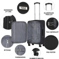 TravelZ Softspinner TSA Kofferset - 2-delig Handbagage + Grote Koffer 77cm - Dubbele Wielen - Zwart -Reisbagage Winkel 1200x1193 7