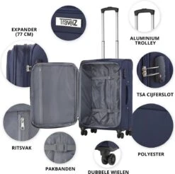 TravelZ Softspinner TSA Kofferset - 2-delig Handbagage + Grote Koffer 77cm - Dubbele Wielen - Blauw 13 TravelZ Softspinner TSA Kofferset - 2-delig Handbagage + Grote Koffer 77cm - Dubbele Wielen - Blauw -Reisbagage Winkel 1200x1194