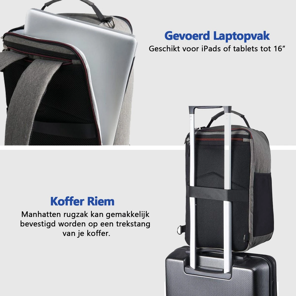 CabinMax Manhatten – Handbagage 20L – Rugzak – Schooltas - 40x20x25 Cm – Compact Reistas – Lichtgewicht – Grijs/Rood 4 CabinMax Manhatten – Handbagage 20L – Rugzak – Schooltas - 40x20x25 Cm – Compact Reistas – Lichtgewicht – Grijs/Rood - Afbeelding 2