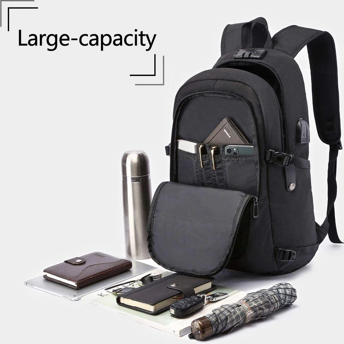 WENIG Laptop Rugzak Mens Anti-Diefstal Laptoptas 15.6 Inch Voor Werk Met USB Oplaadpoort Zakenreis Rugzak Voor Men Notebook Waterdichte School Rugzak Jongens Tiener Zwart 4 WENIG Laptop Rugzak Mens Anti-Diefstal Laptoptas 15.6 Inch Voor Werk Met USB Oplaadpoort Zakenreis Rugzak Voor Men Notebook Waterdichte School Rugzak Jongens Tiener Zwart - Afbeelding 2