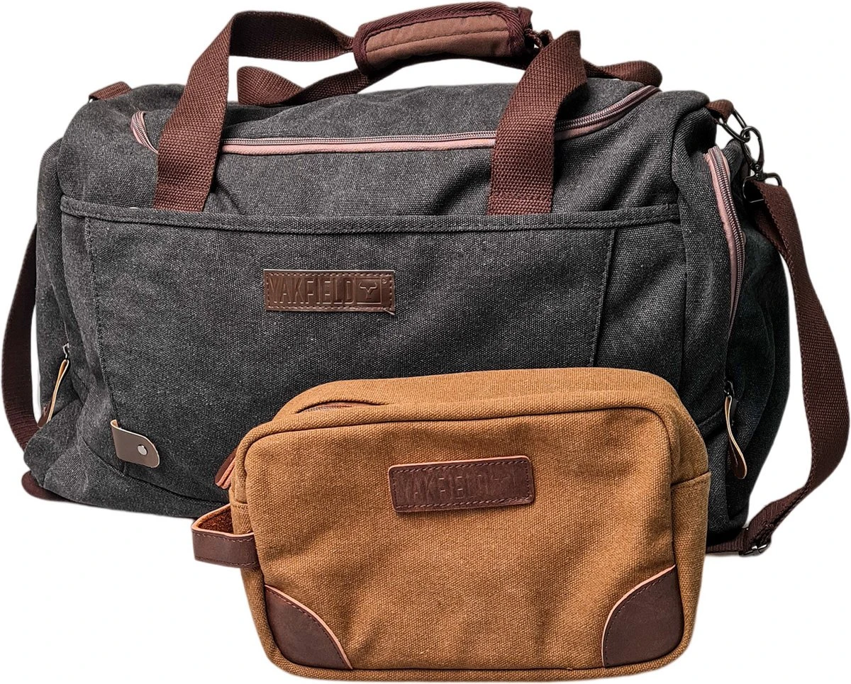 Yakfield - Reistas - Dames En Heren - Combinatiedeal - Weekendtas Zwart Antraciet Grijs - Toilettas Bruin - Compact - Canvas - Vintage 3 Yakfield - Reistas - Dames En Heren - Combinatiedeal - Weekendtas Zwart Antraciet Grijs - Toilettas Bruin - Compact - Canvas - Vintage