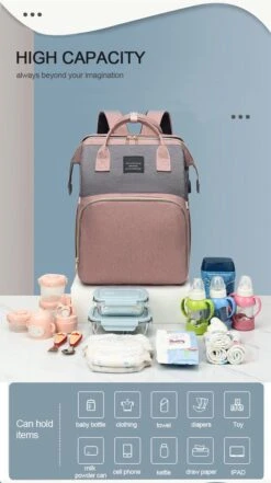 Merkloos Tas Voor Moeders En Vaders Met Uitklapbaar Baby Bedje - Draagbare Box - Rugzak Moeder - Roze - Met Veel Handige Opberg Vakken En USB Oplader - Klamboe - Mummy Bag - Verstelbaar -Reisbagage Winkel 672x1200 7