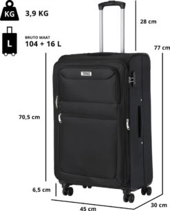 TravelZ Softspinner TSA Kofferset - 2-delig Handbagage + Grote Koffer 77cm - Dubbele Wielen - Zwart -Reisbagage Winkel 965x1200 4