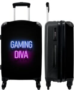 NoBoringSuitcases.com® Koffer Groot - Gaming - Quotes - Neon - Gaming Diva - Vrouwen - Trolley Koffer Met TSA-slot - Met Wielen - 90 Liter - Reiskoffer - 66 Cm